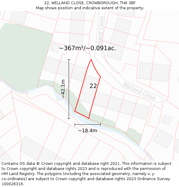 22, WELLAND CLOSE, CROWBOROUGH, TN6 3BF: Plot and title map