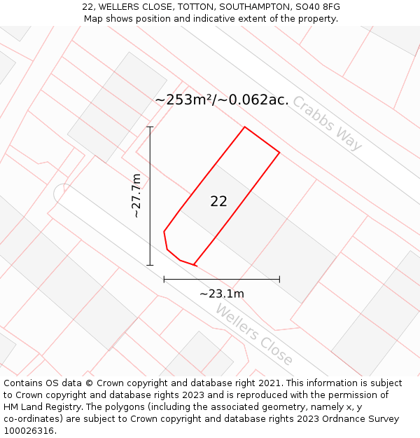 22, WELLERS CLOSE, TOTTON, SOUTHAMPTON, SO40 8FG: Plot and title map