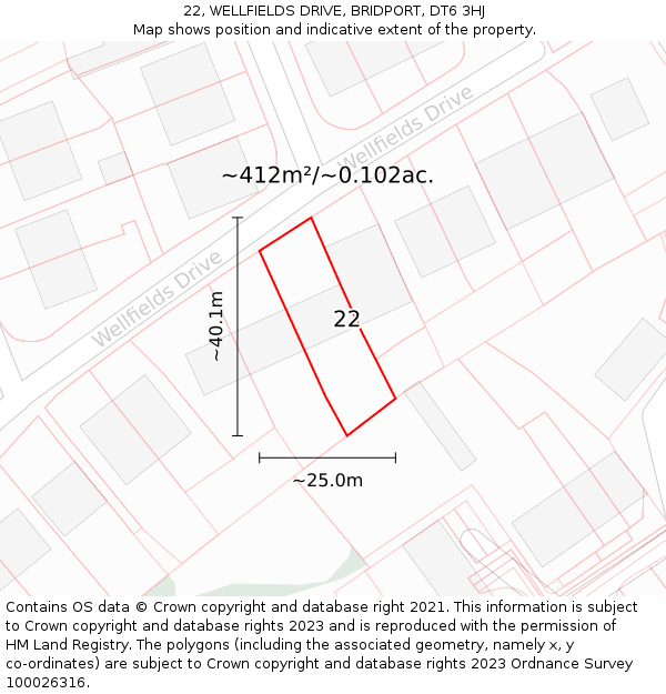 22, WELLFIELDS DRIVE, BRIDPORT, DT6 3HJ: Plot and title map