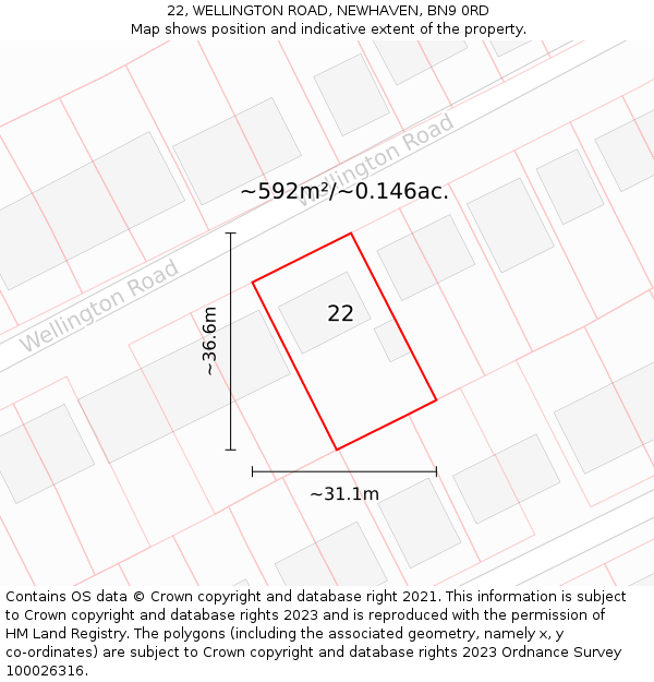 22, WELLINGTON ROAD, NEWHAVEN, BN9 0RD: Plot and title map