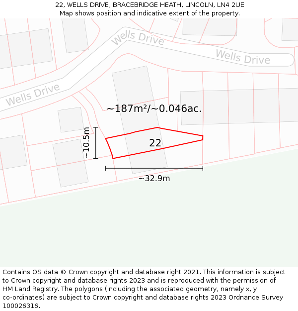 22, WELLS DRIVE, BRACEBRIDGE HEATH, LINCOLN, LN4 2UE: Plot and title map