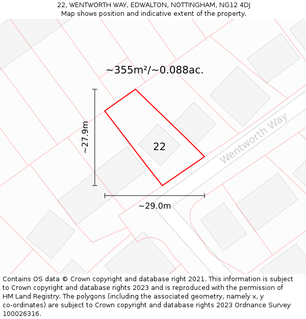 22, WENTWORTH WAY, EDWALTON, NOTTINGHAM, NG12 4DJ: Plot and title map