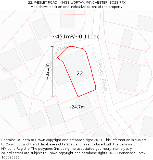 22, WESLEY ROAD, KINGS WORTHY, WINCHESTER, SO23 7PX: Plot and title map