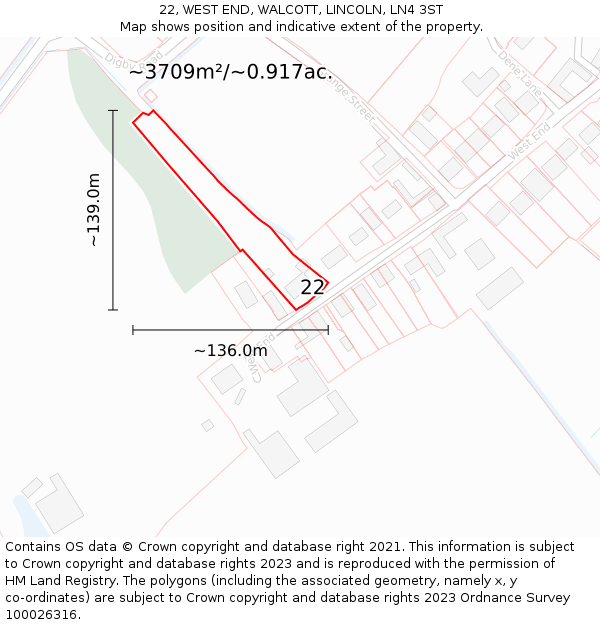 22, WEST END, WALCOTT, LINCOLN, LN4 3ST: Plot and title map