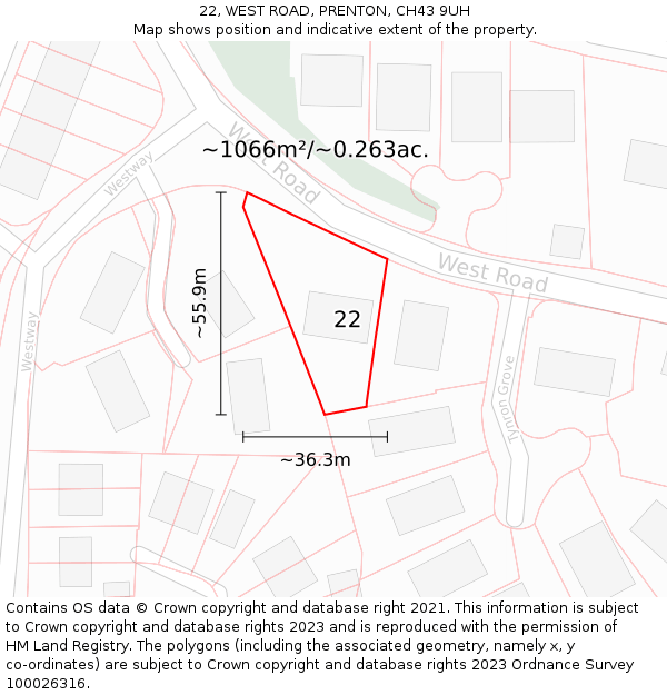 22, WEST ROAD, PRENTON, CH43 9UH: Plot and title map