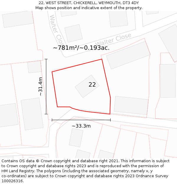 22, WEST STREET, CHICKERELL, WEYMOUTH, DT3 4DY: Plot and title map