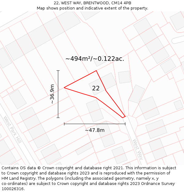 22, WEST WAY, BRENTWOOD, CM14 4PB: Plot and title map
