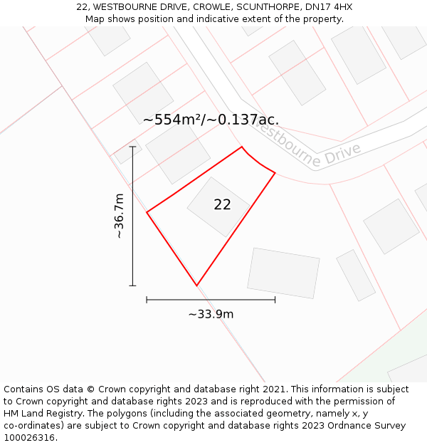 22, WESTBOURNE DRIVE, CROWLE, SCUNTHORPE, DN17 4HX: Plot and title map