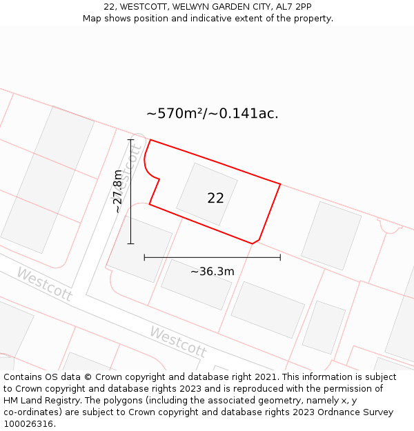 22, WESTCOTT, WELWYN GARDEN CITY, AL7 2PP: Plot and title map