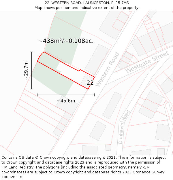 22, WESTERN ROAD, LAUNCESTON, PL15 7AS: Plot and title map