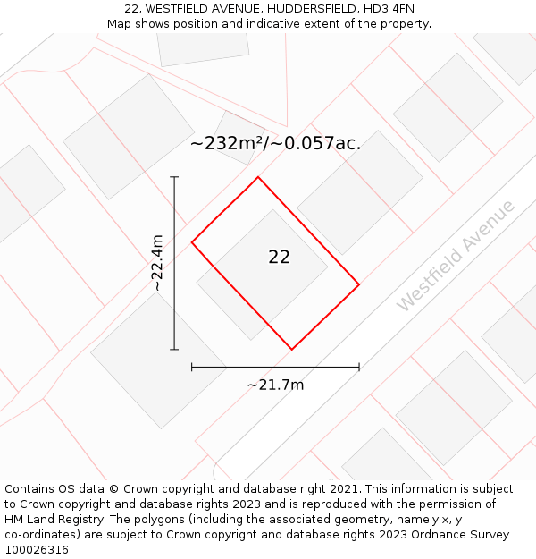 22, WESTFIELD AVENUE, HUDDERSFIELD, HD3 4FN: Plot and title map