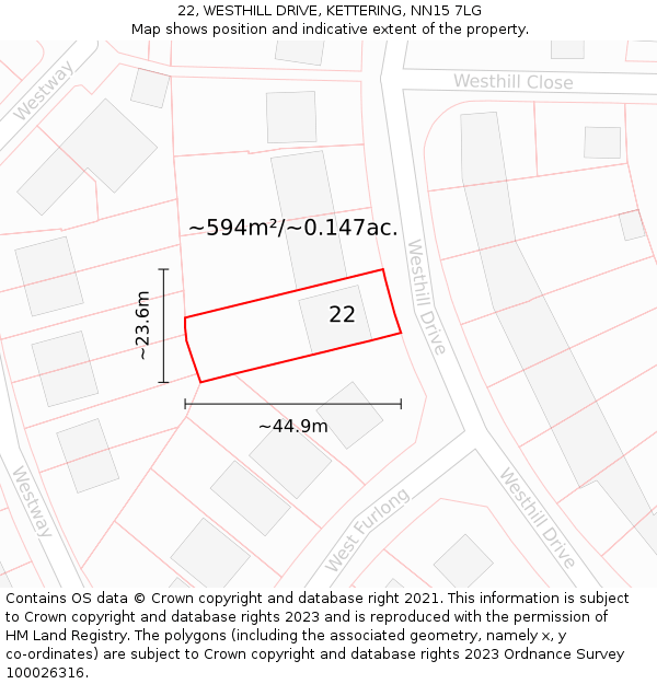 22, WESTHILL DRIVE, KETTERING, NN15 7LG: Plot and title map