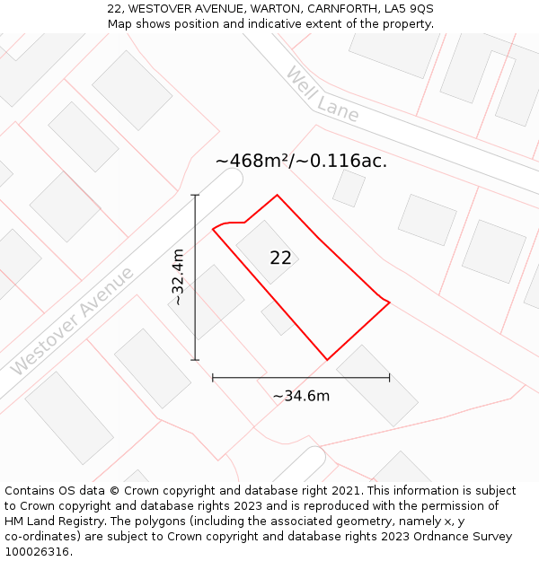 22, WESTOVER AVENUE, WARTON, CARNFORTH, LA5 9QS: Plot and title map