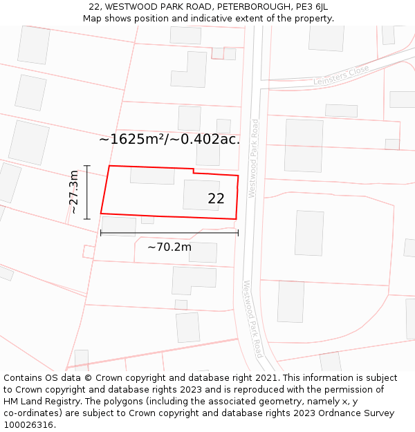 22, WESTWOOD PARK ROAD, PETERBOROUGH, PE3 6JL: Plot and title map