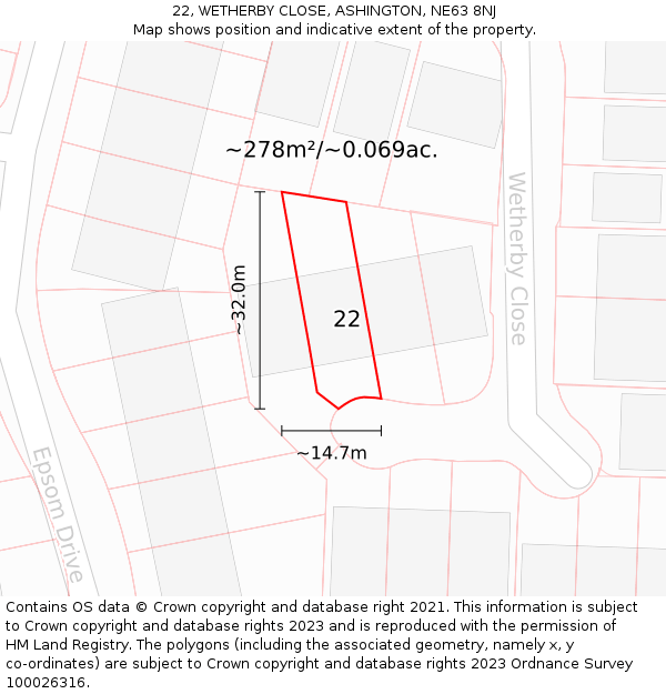 22, WETHERBY CLOSE, ASHINGTON, NE63 8NJ: Plot and title map