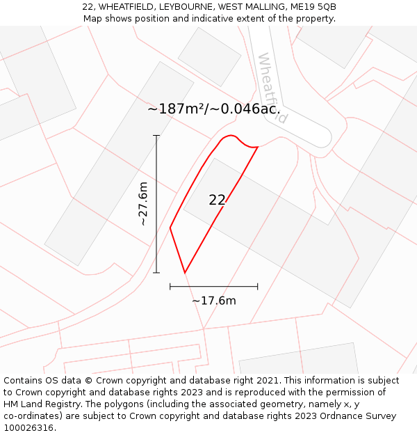 22, WHEATFIELD, LEYBOURNE, WEST MALLING, ME19 5QB: Plot and title map