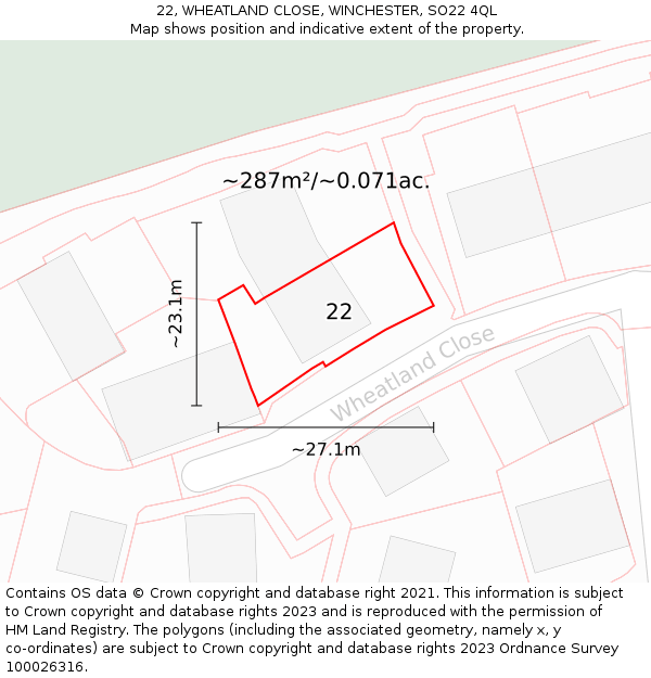 22, WHEATLAND CLOSE, WINCHESTER, SO22 4QL: Plot and title map