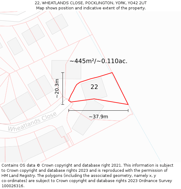 22, WHEATLANDS CLOSE, POCKLINGTON, YORK, YO42 2UT: Plot and title map