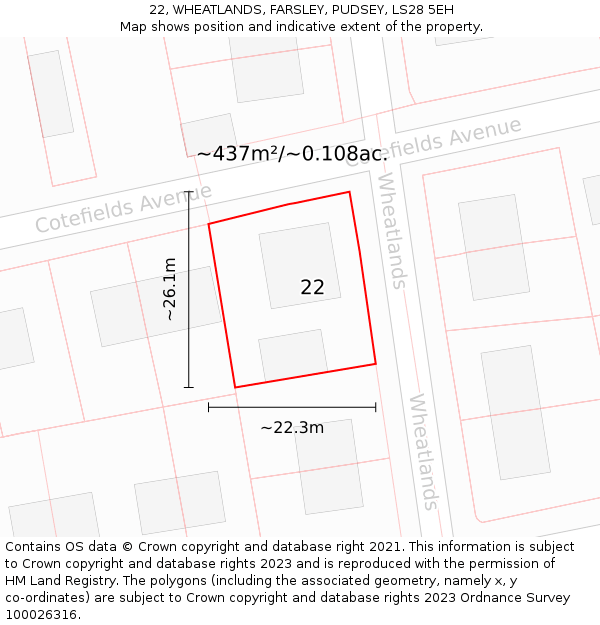 22, WHEATLANDS, FARSLEY, PUDSEY, LS28 5EH: Plot and title map