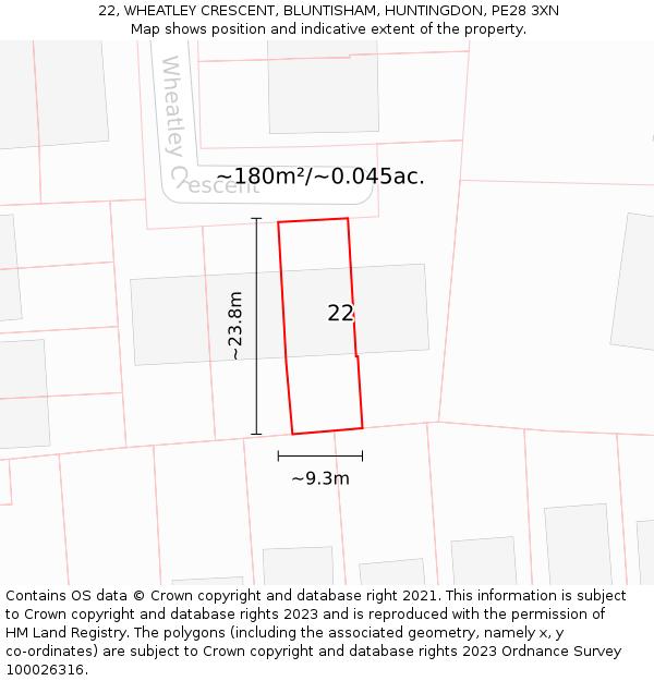 22, WHEATLEY CRESCENT, BLUNTISHAM, HUNTINGDON, PE28 3XN: Plot and title map