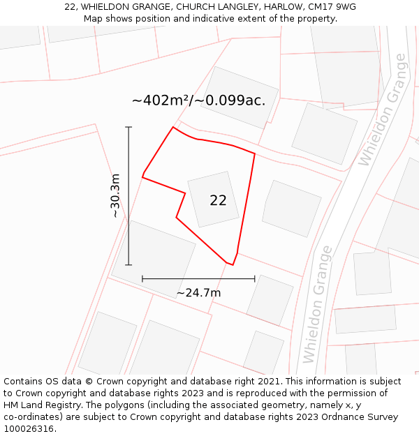 22, WHIELDON GRANGE, CHURCH LANGLEY, HARLOW, CM17 9WG: Plot and title map