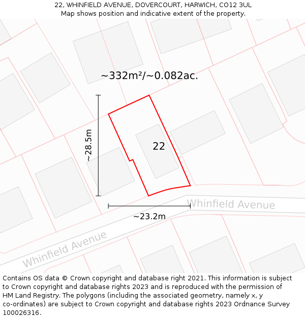 22, WHINFIELD AVENUE, DOVERCOURT, HARWICH, CO12 3UL: Plot and title map