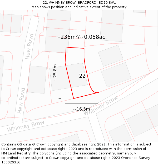 22, WHINNEY BROW, BRADFORD, BD10 8WL: Plot and title map