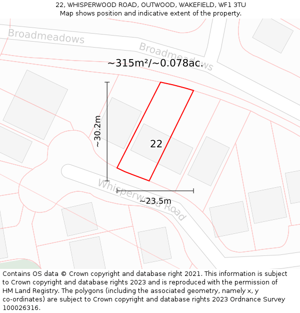 22, WHISPERWOOD ROAD, OUTWOOD, WAKEFIELD, WF1 3TU: Plot and title map