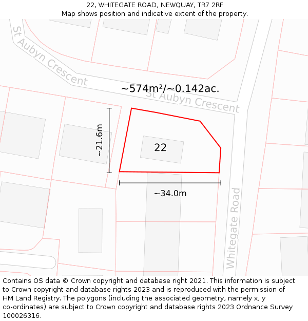 22, WHITEGATE ROAD, NEWQUAY, TR7 2RF: Plot and title map