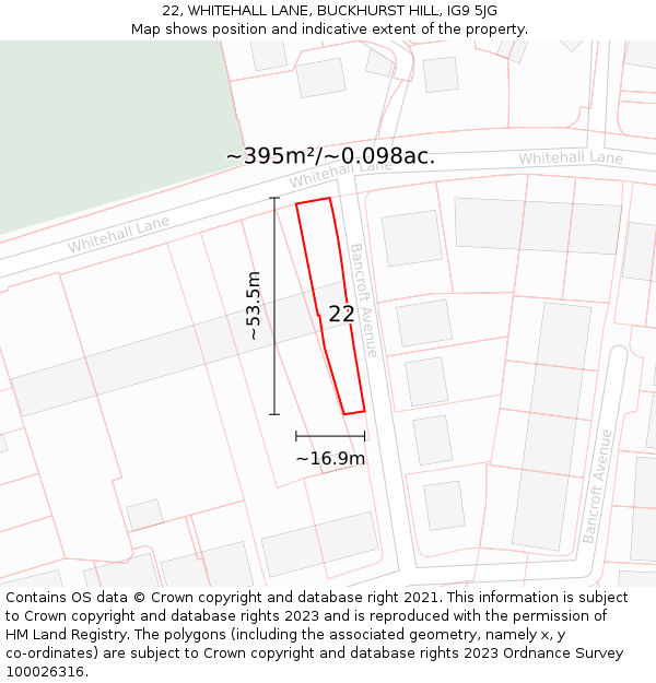 22, WHITEHALL LANE, BUCKHURST HILL, IG9 5JG: Plot and title map