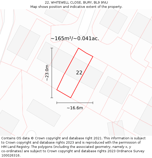 22, WHITEWELL CLOSE, BURY, BL9 9NU: Plot and title map