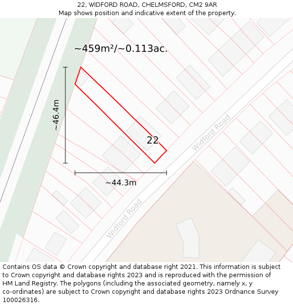 22, WIDFORD ROAD, CHELMSFORD, CM2 9AR: Plot and title map