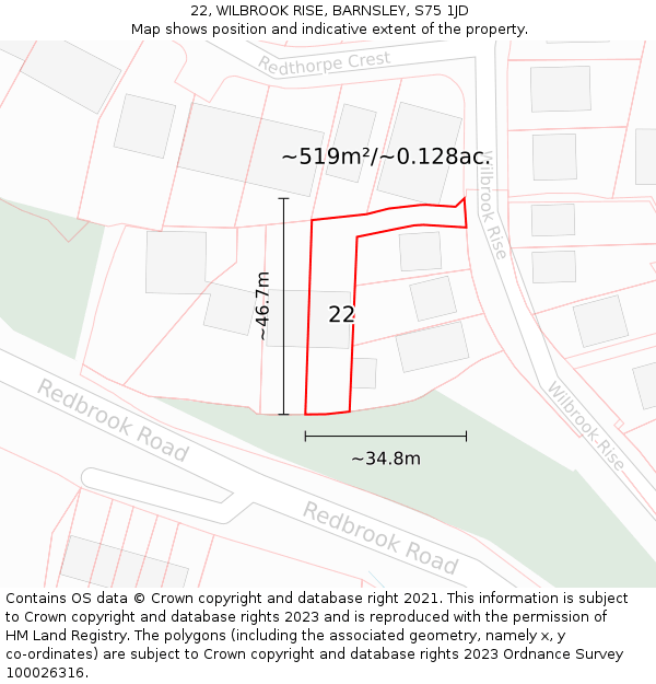 22, WILBROOK RISE, BARNSLEY, S75 1JD: Plot and title map