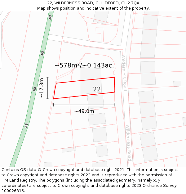 22, WILDERNESS ROAD, GUILDFORD, GU2 7QX: Plot and title map