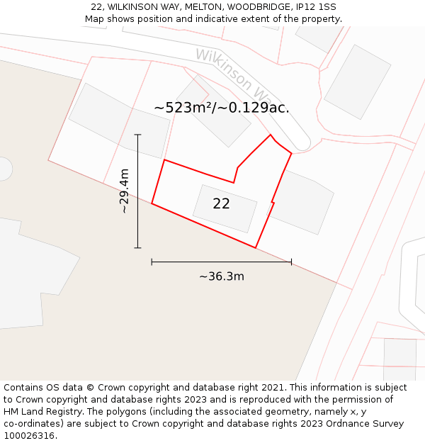 22, WILKINSON WAY, MELTON, WOODBRIDGE, IP12 1SS: Plot and title map