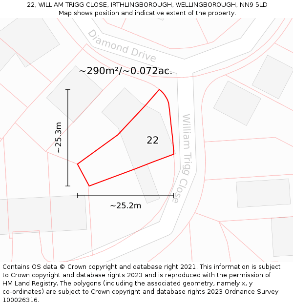 22, WILLIAM TRIGG CLOSE, IRTHLINGBOROUGH, WELLINGBOROUGH, NN9 5LD: Plot and title map