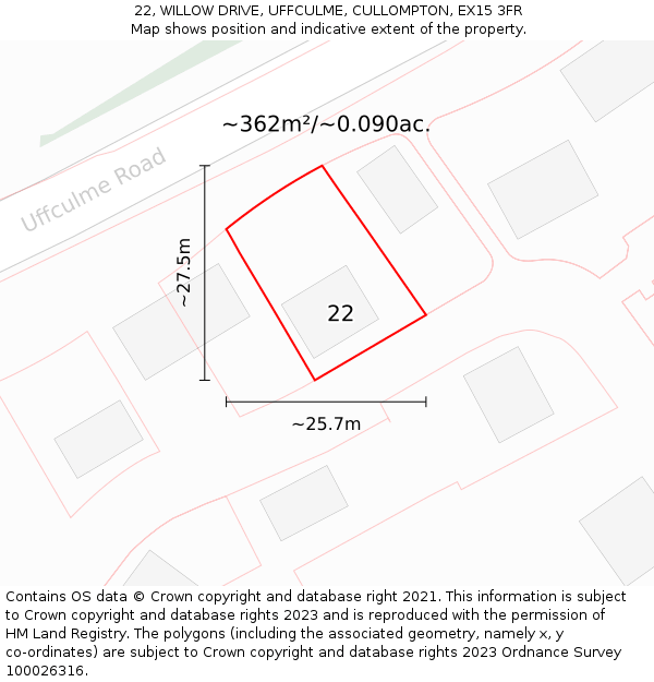 22, WILLOW DRIVE, UFFCULME, CULLOMPTON, EX15 3FR: Plot and title map
