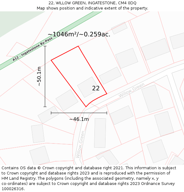 22, WILLOW GREEN, INGATESTONE, CM4 0DQ: Plot and title map