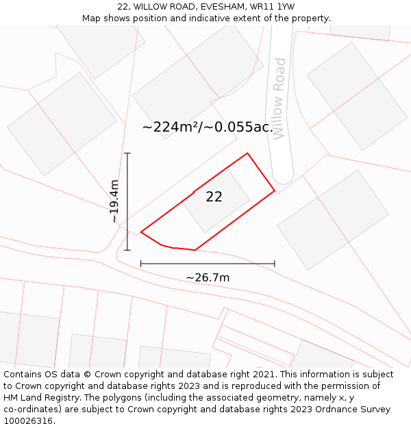 22, WILLOW ROAD, EVESHAM, WR11 1YW: Plot and title map