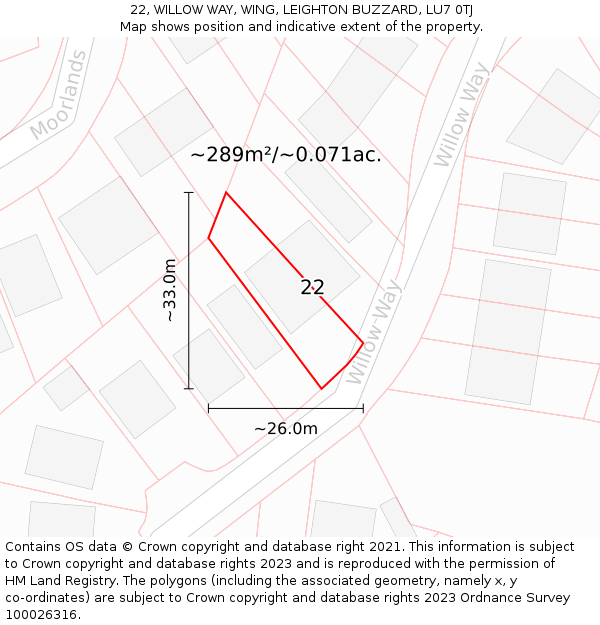 22, WILLOW WAY, WING, LEIGHTON BUZZARD, LU7 0TJ: Plot and title map