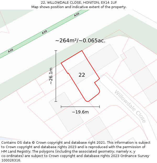 22, WILLOWDALE CLOSE, HONITON, EX14 1UF: Plot and title map