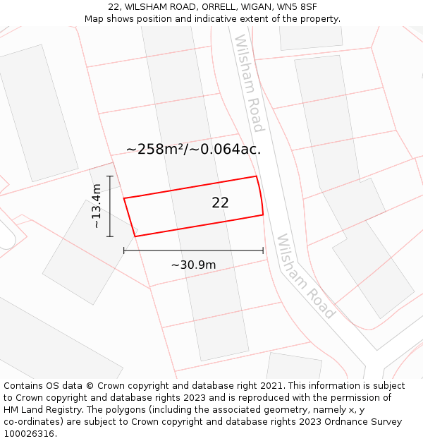 22, WILSHAM ROAD, ORRELL, WIGAN, WN5 8SF: Plot and title map