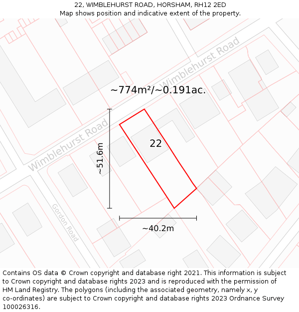 22, WIMBLEHURST ROAD, HORSHAM, RH12 2ED: Plot and title map