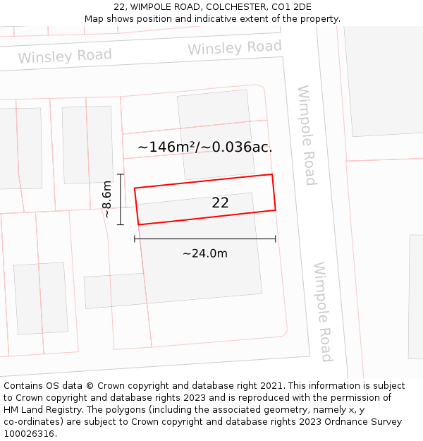 22, WIMPOLE ROAD, COLCHESTER, CO1 2DE: Plot and title map