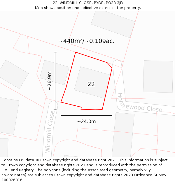 22, WINDMILL CLOSE, RYDE, PO33 3JB: Plot and title map