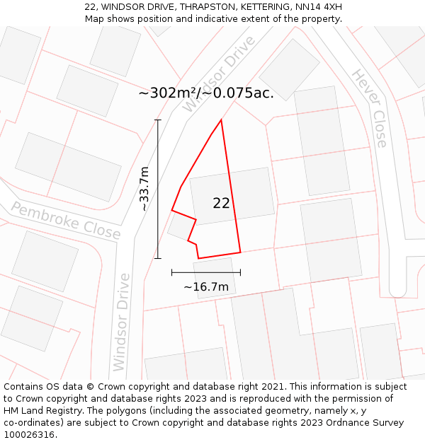 22, WINDSOR DRIVE, THRAPSTON, KETTERING, NN14 4XH: Plot and title map