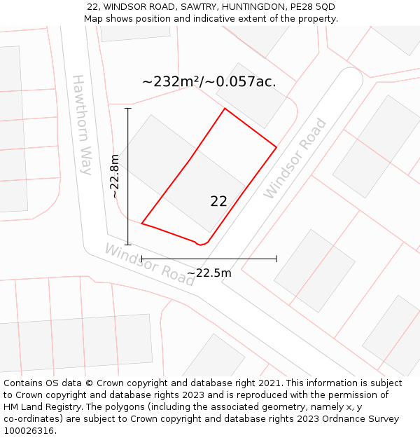 22, WINDSOR ROAD, SAWTRY, HUNTINGDON, PE28 5QD: Plot and title map