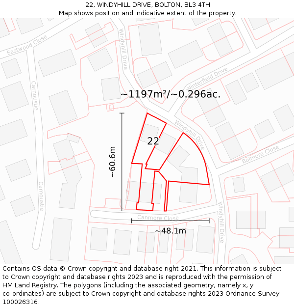 22, WINDYHILL DRIVE, BOLTON, BL3 4TH: Plot and title map