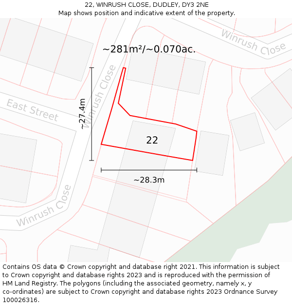 22, WINRUSH CLOSE, DUDLEY, DY3 2NE: Plot and title map