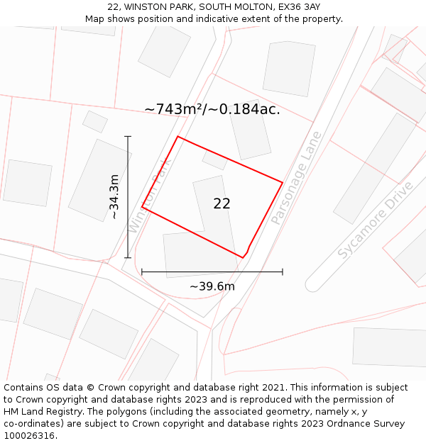 22, WINSTON PARK, SOUTH MOLTON, EX36 3AY: Plot and title map